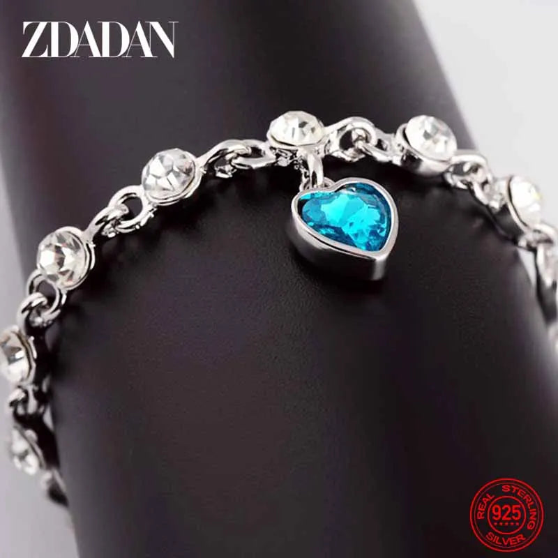 925 Sterling Silver Charm Sapphire Heart Bracelet Chain for Women Fashion Engagement Party Jewelry Gift