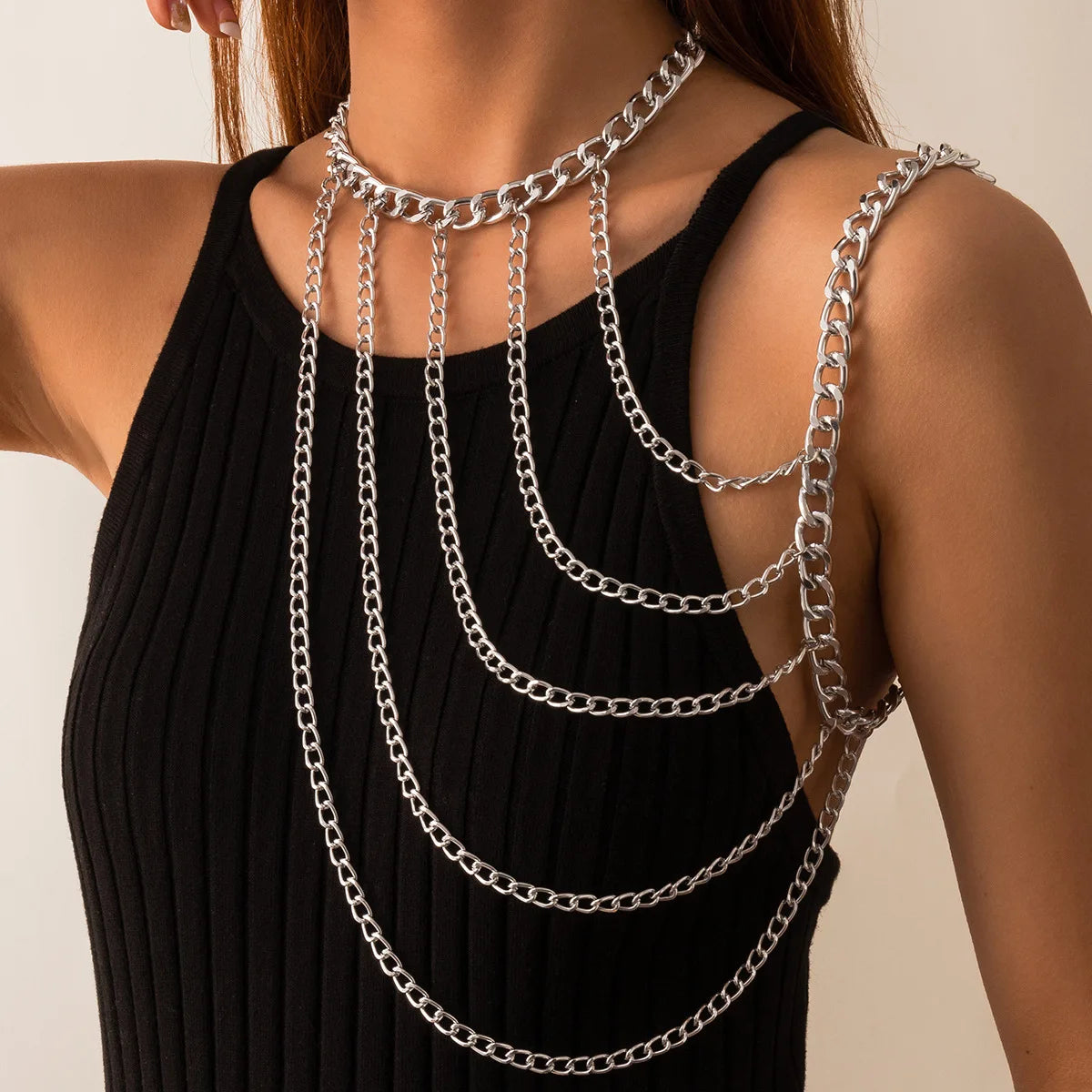 Harness Heavy Metal Body Jewelry for Women Sexy One Shoulder Chian Necklace Beach Bikinis Bodychain Y2K Party Grungy Accessories