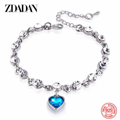 925 Sterling Silver Charm Sapphire Heart Bracelet Chain for Women Fashion Engagement Party Jewelry Gift