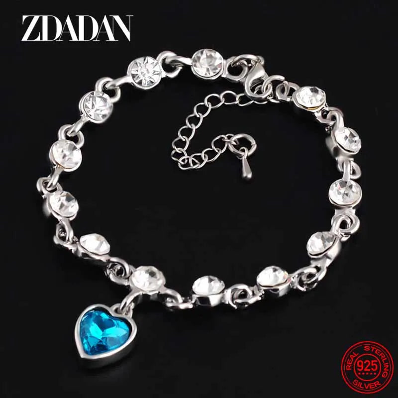 925 Sterling Silver Charm Sapphire Heart Bracelet Chain for Women Fashion Engagement Party Jewelry Gift