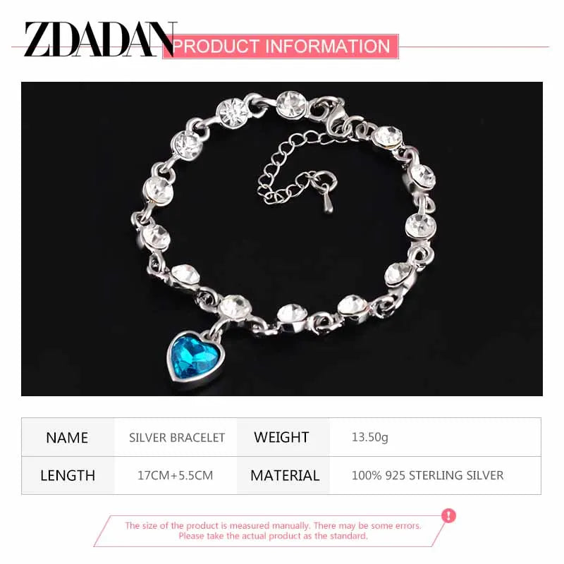 925 Sterling Silver Charm Sapphire Heart Bracelet Chain for Women Fashion Engagement Party Jewelry Gift