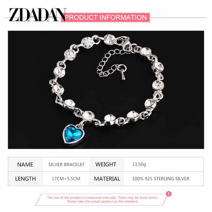 925 Sterling Silver Charm Sapphire Heart Bracelet Chain for Women Fashion Engagement Party Jewelry Gift