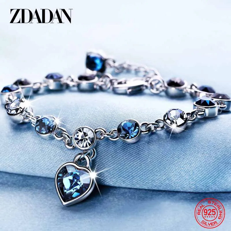 925 Sterling Silver Charm Sapphire Heart Bracelet Chain for Women Fashion Engagement Party Jewelry Gift