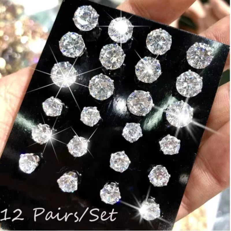 12 Pair/Lot White Shiny Wedding Stud Earrings Set for Women Men Cubic Zircon Jewelry Accessories Minimalist Earring Jewelry Gift